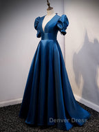 Blue v neck satin long prom Dress blue satin Prom Dresses