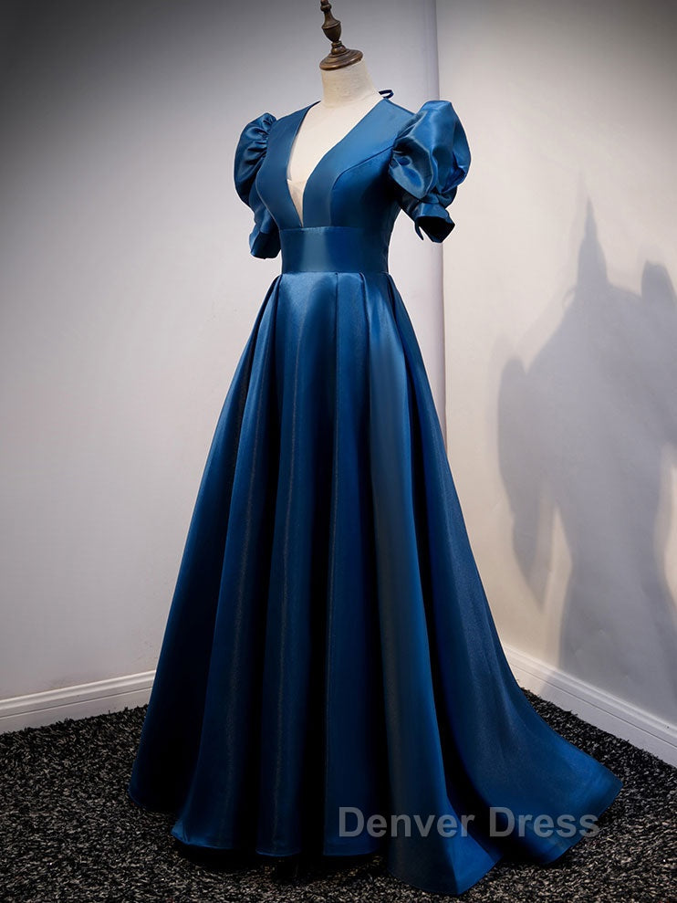 Blue v neck satin long prom Dress blue satin Prom Dresses