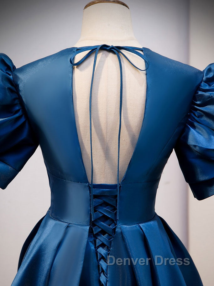 Blue v neck satin long prom Dress blue satin Prom Dresses