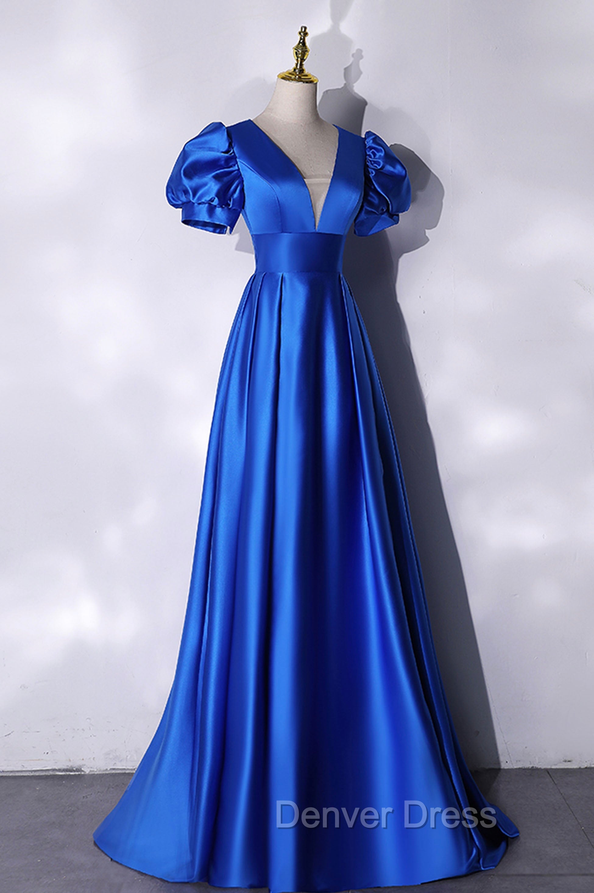 Blue V-Neck Satin Long Prom Dresses, Simple Blue Evening Party Dresses
