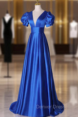 Blue V-Neck Satin Long Prom Dresses, Simple Blue Evening Party Dresses