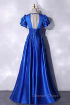 Blue V-Neck Satin Long Prom Dresses, Simple Blue Evening Party Dresses