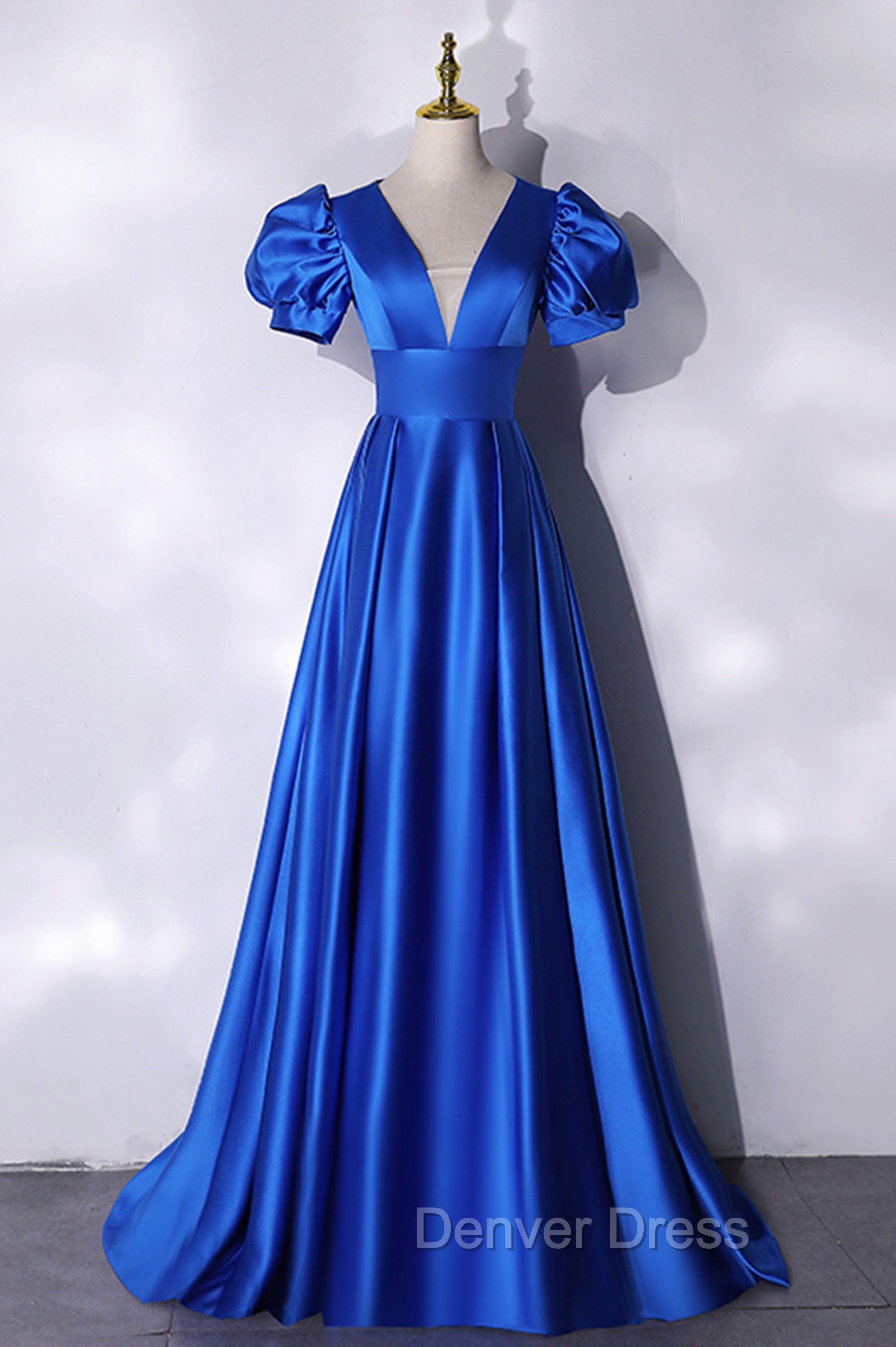 Blue V-Neck Satin Long Prom Dresses, Simple Blue Evening Party Dresses Main image