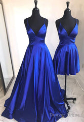 Blue V-Neck Satin Prom Dresses, A-Line Evening Dresses