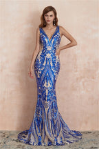 V Neck Sequins Mermaid Sleeveless Lace up Prom Dresses