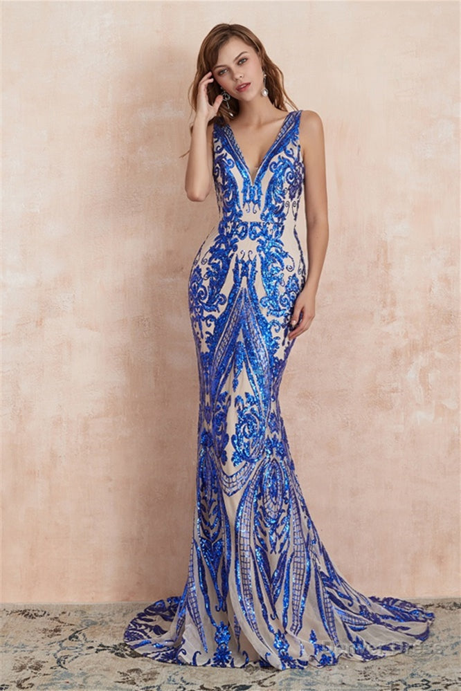 V Neck Sequins Mermaid Sleeveless Lace up Prom Dresses