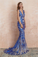 V Neck Sequins Mermaid Sleeveless Lace up Prom Dresses