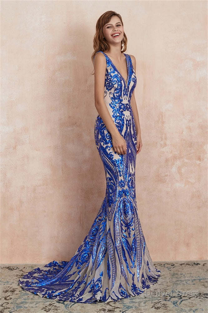 V Neck Sequins Mermaid Sleeveless Lace up Prom Dresses