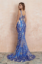 V Neck Sequins Mermaid Sleeveless Lace up Prom Dresses