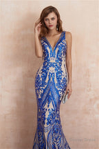 V Neck Sequins Mermaid Sleeveless Lace up Prom Dresses