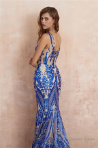 V Neck Sequins Mermaid Sleeveless Lace up Prom Dresses