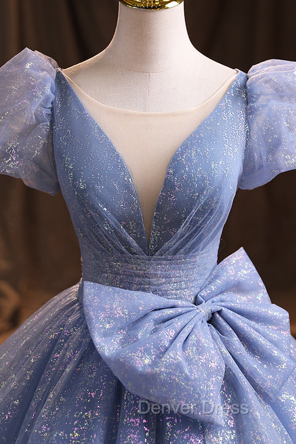 Blue V Neck Shiny Tulle Long Prom Dress, A Line Short Sleeve Prom Dresses
