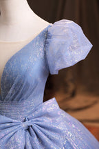 Blue V Neck Shiny Tulle Long Prom Dress, A Line Short Sleeve Prom Dresses