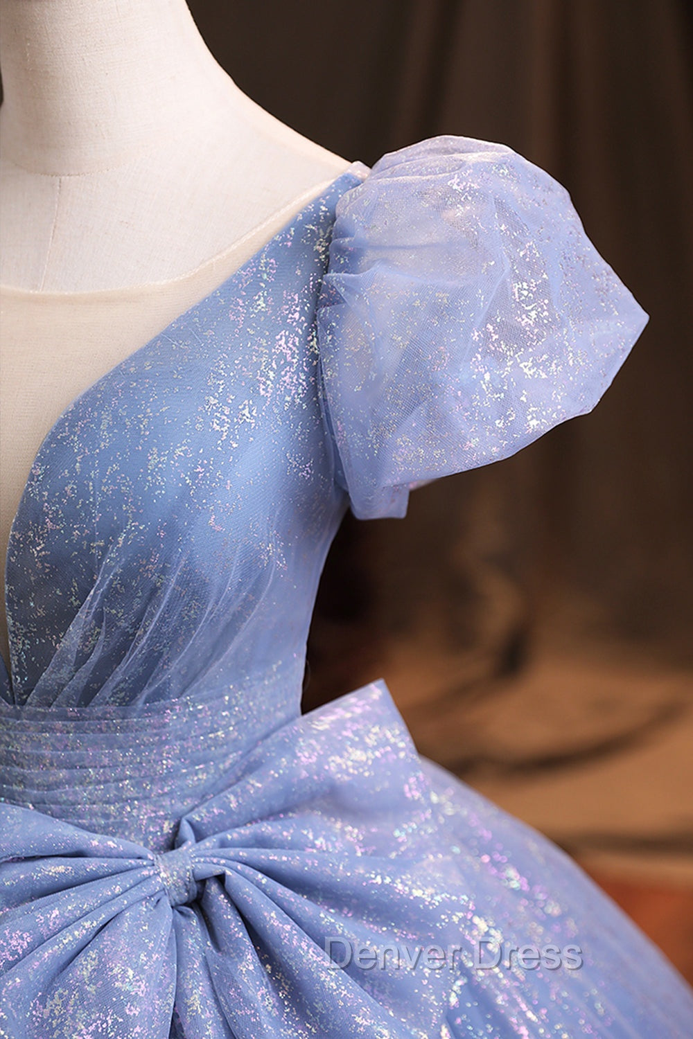 Blue V Neck Shiny Tulle Long Prom Dress, A Line Short Sleeve Prom Dresses