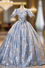 Blue V-neck Short Sleeve Belt Quinceanera Dresses