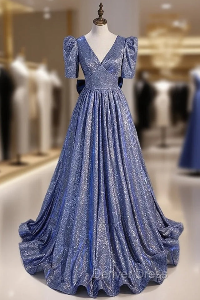 Blue V Neck Starry Gradient Cloth Short Sleeve Prom Dresses