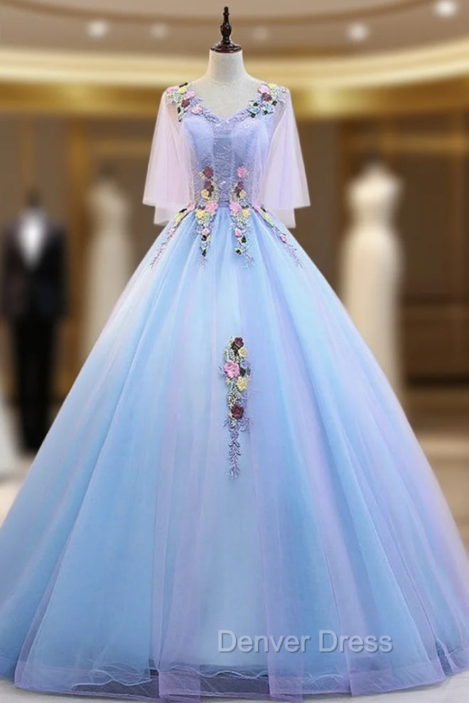 Blue V Neck Tulle Appliques Beading Floor Length Quinceanera Dresses