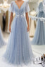 Blue v neck tulle beads long prom Dress, blue tulle Prom Dresses