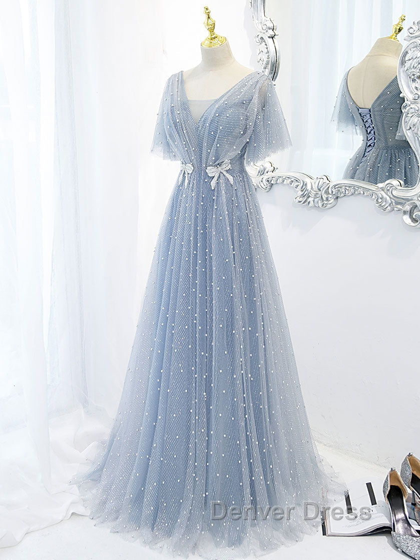 Blue v neck tulle beads long prom Dress, blue tulle Prom Dresses