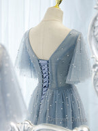 Blue v neck tulle beads long prom Dress, blue tulle Prom Dresses