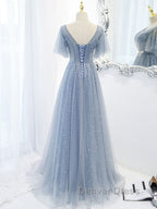 Blue v neck tulle beads long prom Dress, blue tulle Prom Dresses