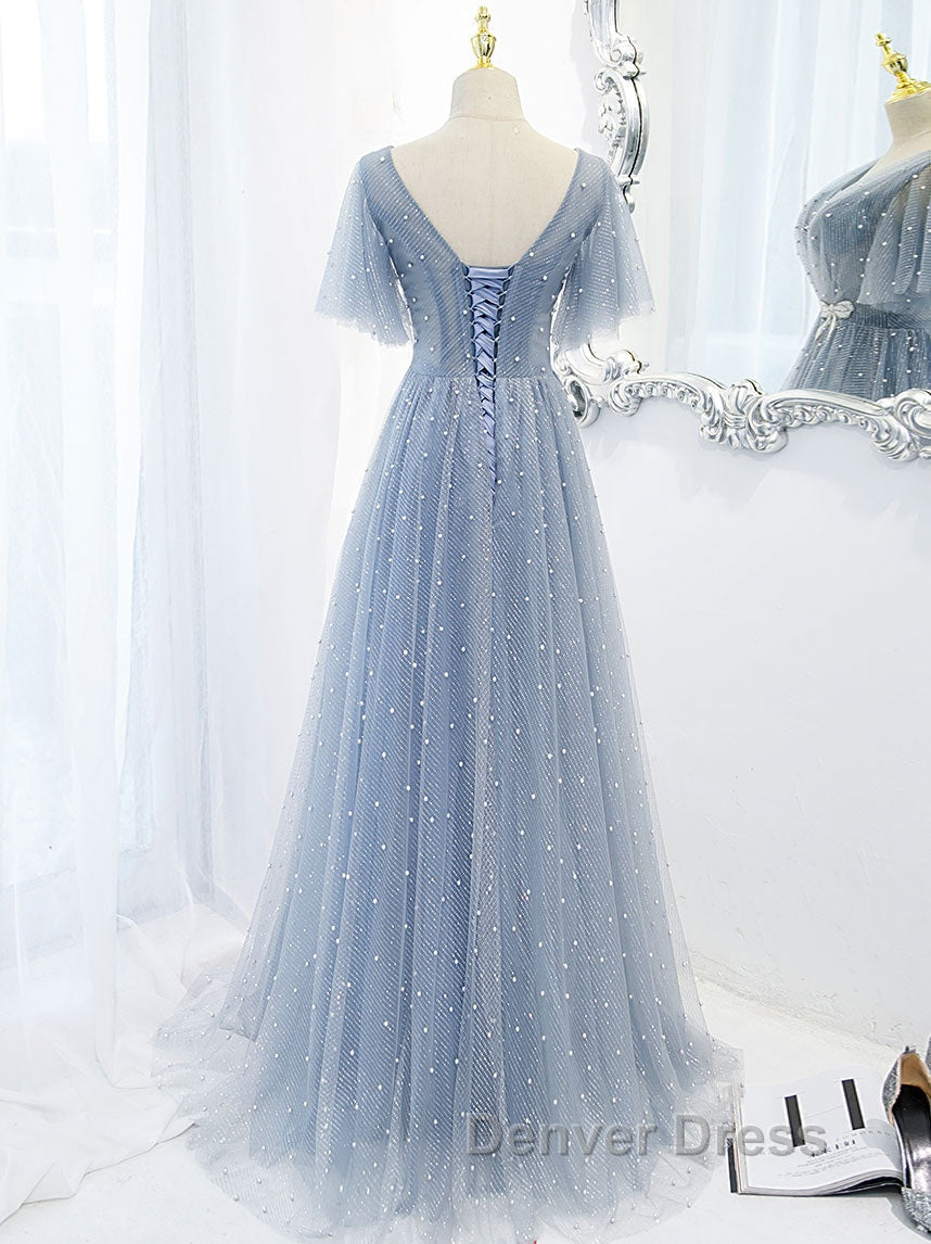 Blue v neck tulle beads long prom Dress, blue tulle Prom Dresses
