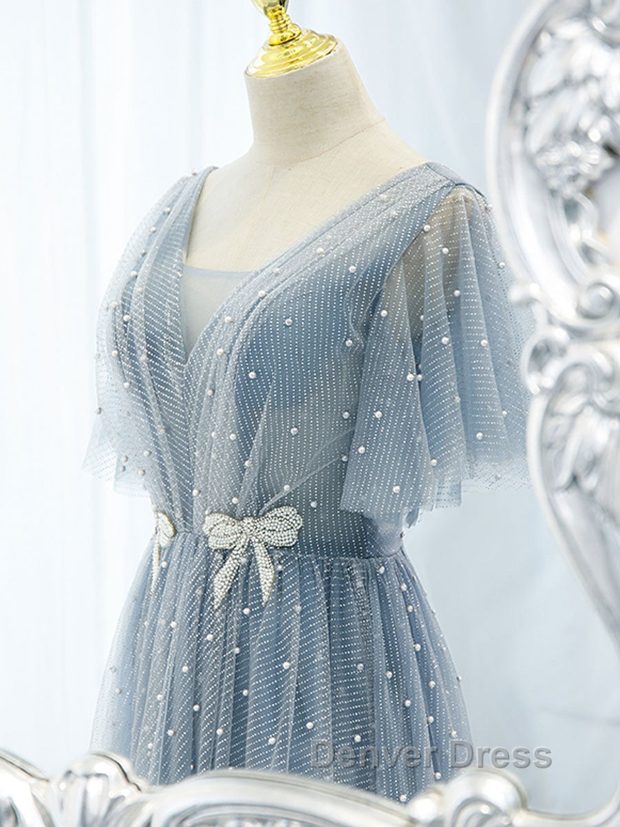 Blue v neck tulle beads long prom Dress, blue tulle Prom Dresses