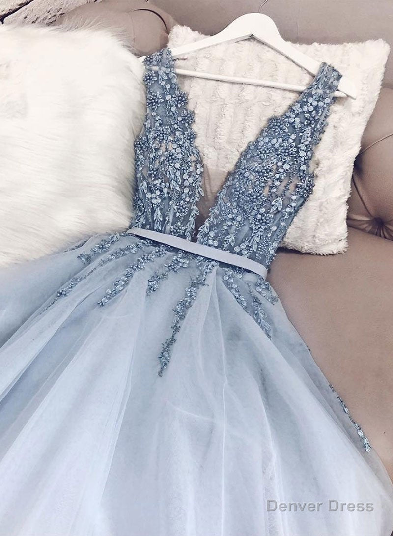 Blue v neck tulle beads long prom dress, evening dress Main image