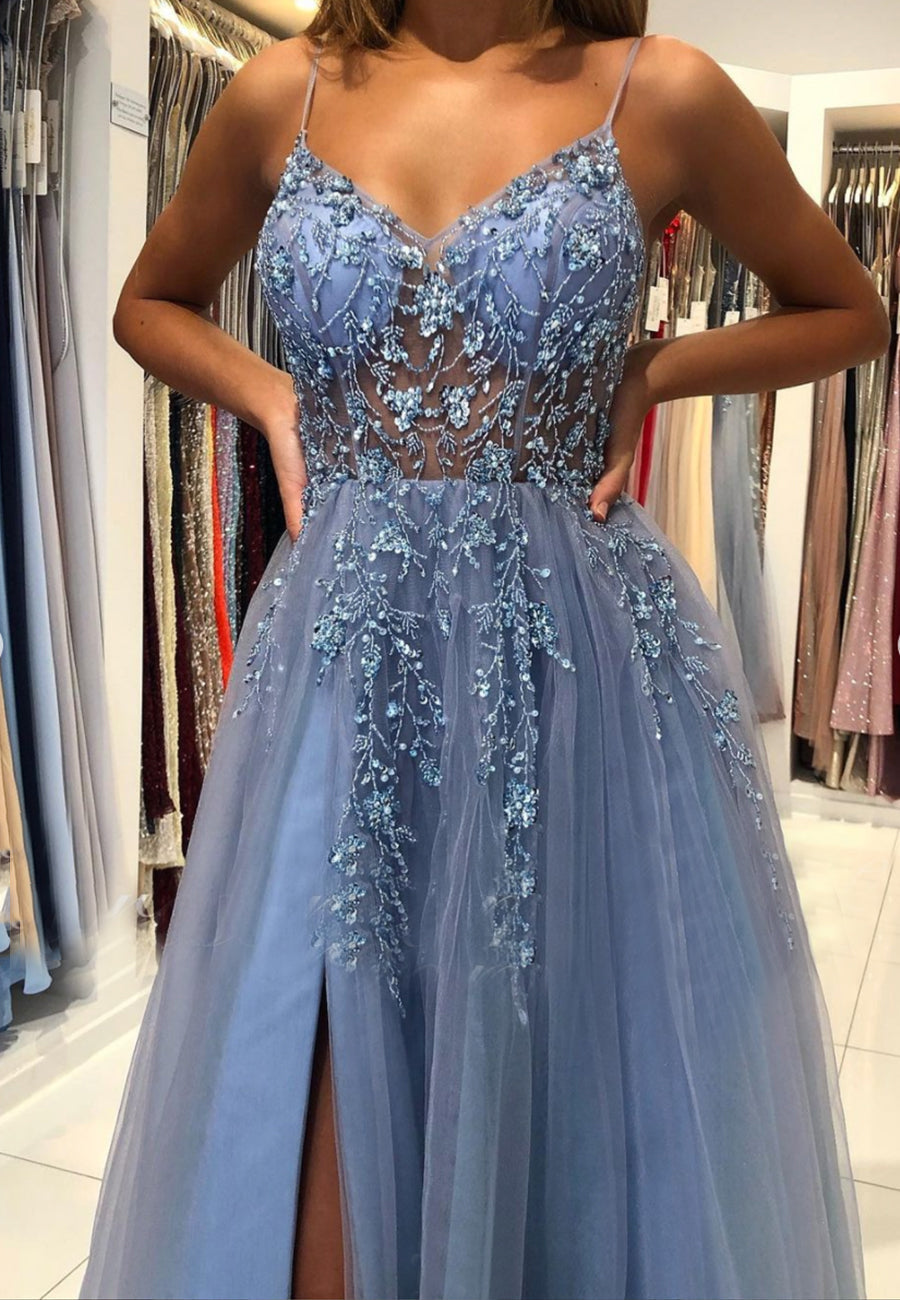 Blue V-Neck Tulle Beading Long Prom Dress, Blue Graduation Dresses Secondary image