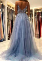 Blue V-Neck Tulle Beading Long Prom Dress, Blue Graduation Dresses