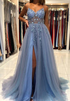 Blue V-Neck Tulle Beading Long Prom Dress, Blue Graduation Dresses