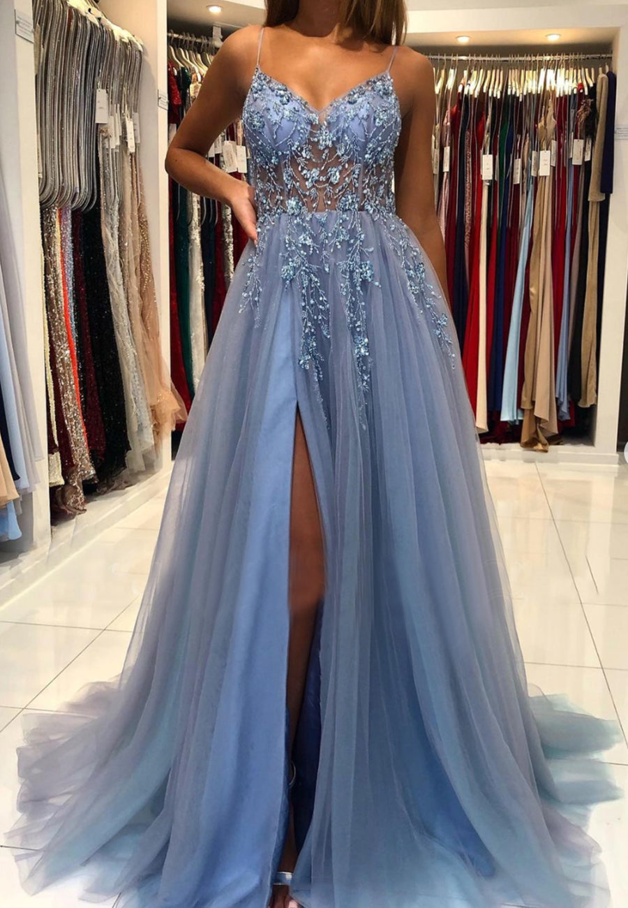 Blue V-Neck Tulle Beading Long Prom Dress, Blue Graduation Dresses