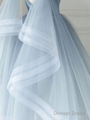 Blue V Neck Tulle Beads Short Prom Dress, Blue Tulle Formal Dress