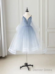 Blue V Neck Tulle Beads Short Prom Dress, Blue Tulle Formal Dress