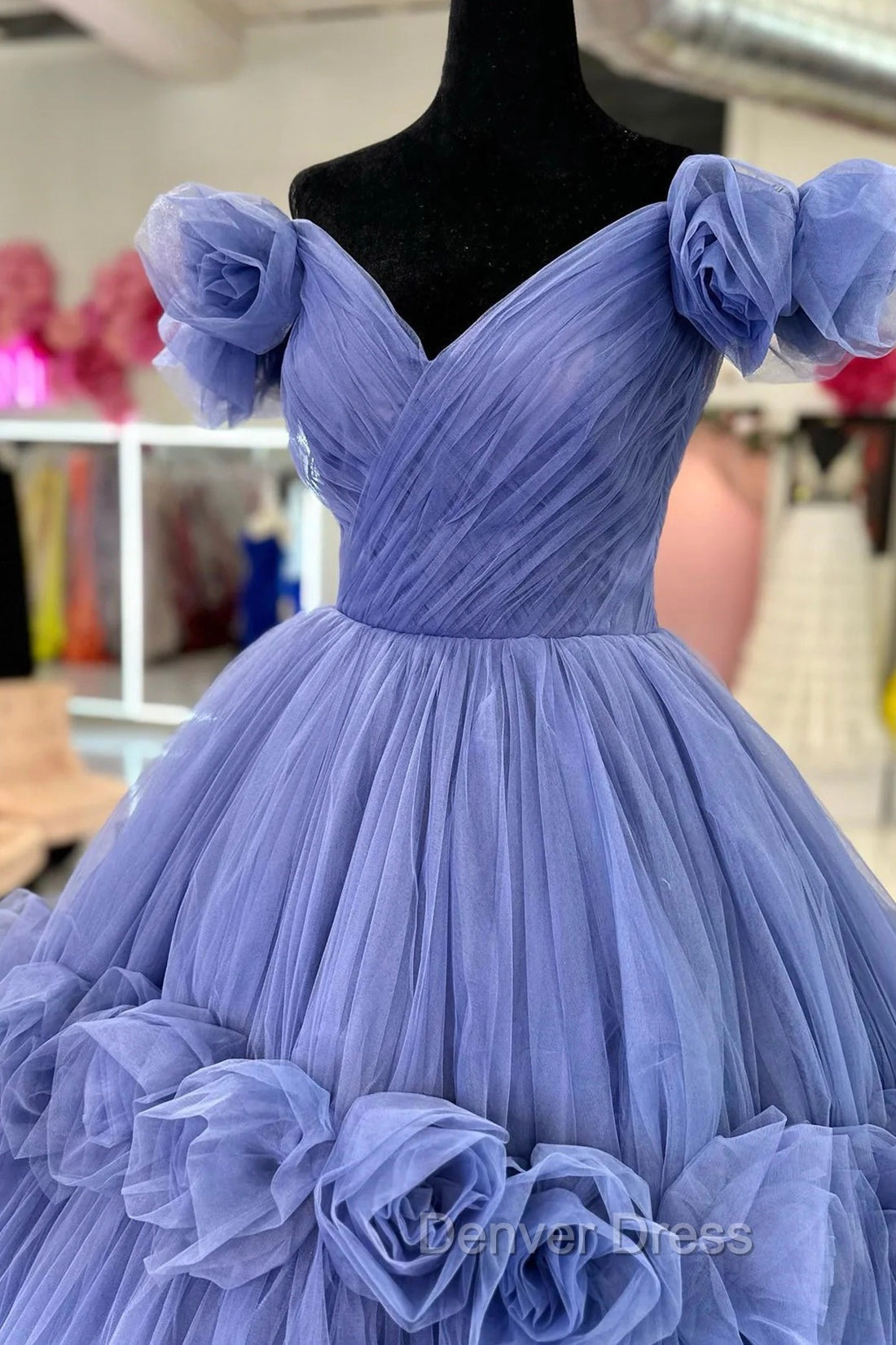 Blue V-neck Tulle Formal Dresses with Flowers, Blue Formal Dresses Sweet 16 Dresses Secondary image