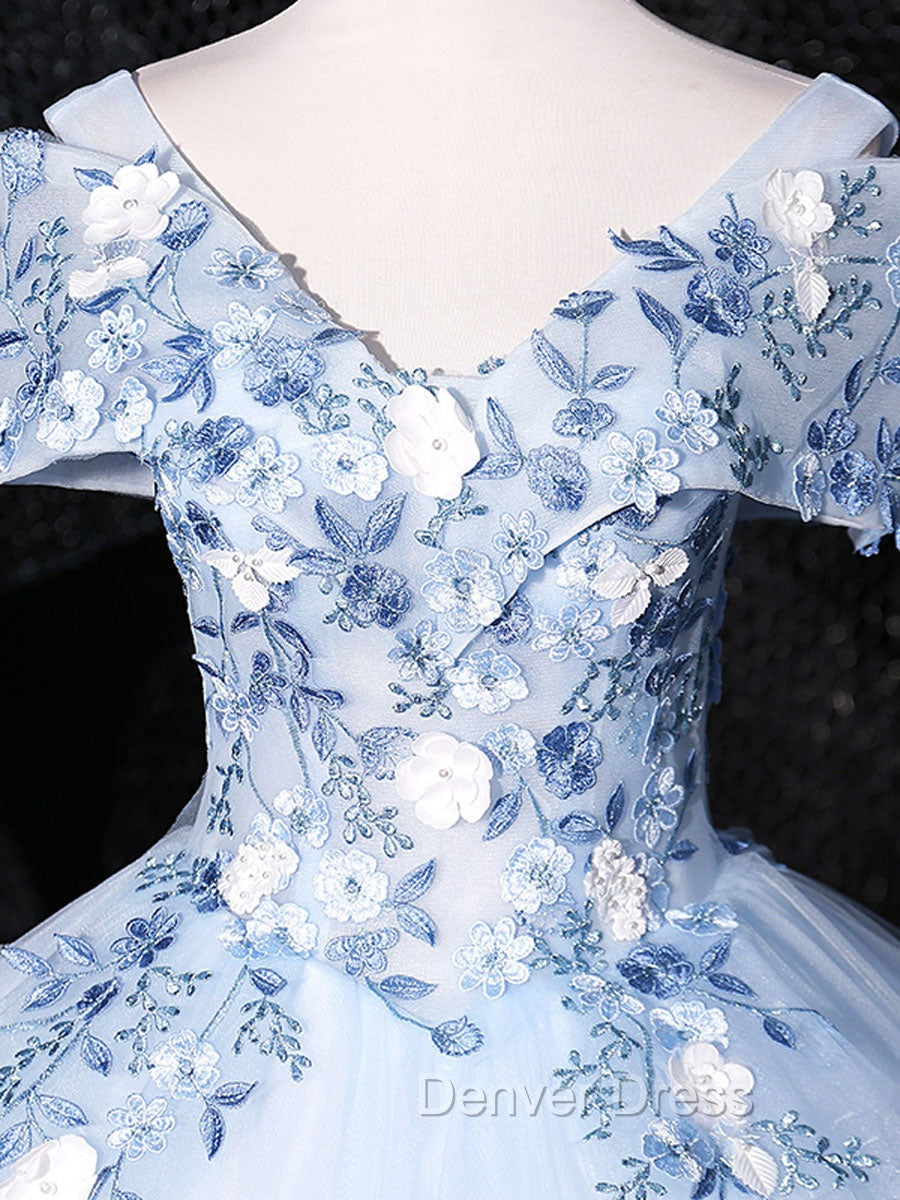 Blue V Neck Tulle Lace Long Prom Dress. Blue Sweet 16 Dresses