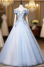 Blue V Neck Tulle Lace Long Formal Prom Dresses. Blue Sweet 16 Dresses