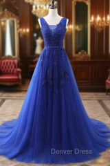 Blue V Neck Tulle Lace Long Prom Dresses, Blue Evening Dresses
