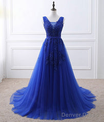 Blue V Neck Tulle Lace Long Prom Dress, Blue Evening Dress