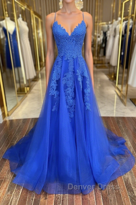 Blue v neck tulle lace long prom Dress, blue lace bridesmaid Dresses Main image