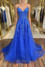 Blue v neck tulle lace long prom Dress, blue lace bridesmaid Dresses