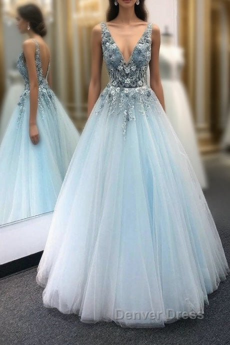 Blue v neck tulle lace long prom Dress blue tulle Prom Dresses Main image
