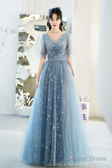 Blue V-Neck Tulle Long A-Line Prom Dress, Blue Evening Graduation Dress