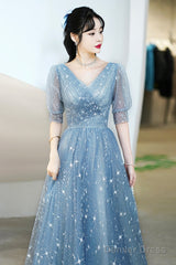 Blue V-Neck Tulle Long A-Line Prom Dress, Blue Evening Graduation Dress