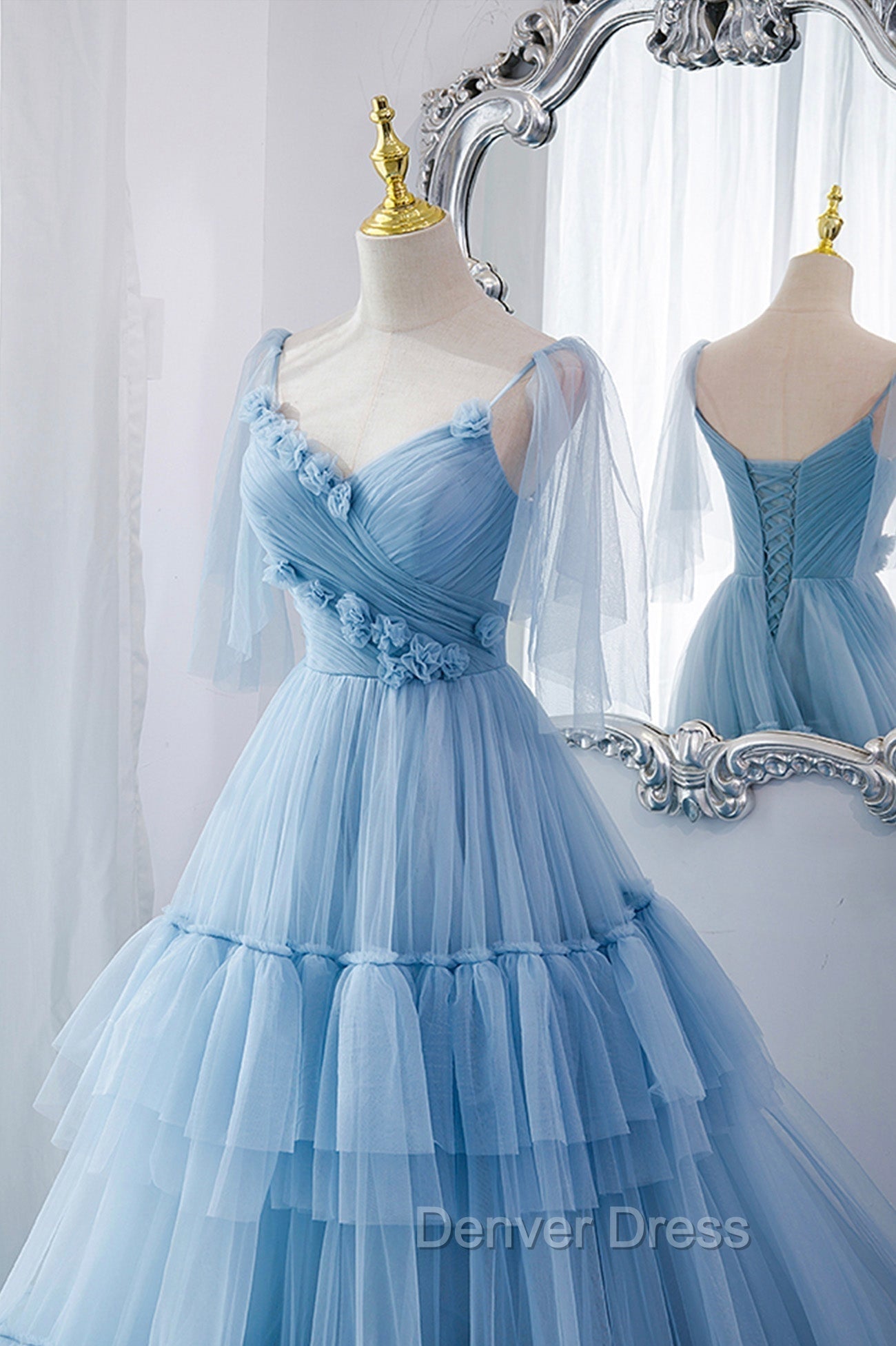 Blue V-Neck Tulle Long Prom Dresses, A-Line Evening Party Dresses