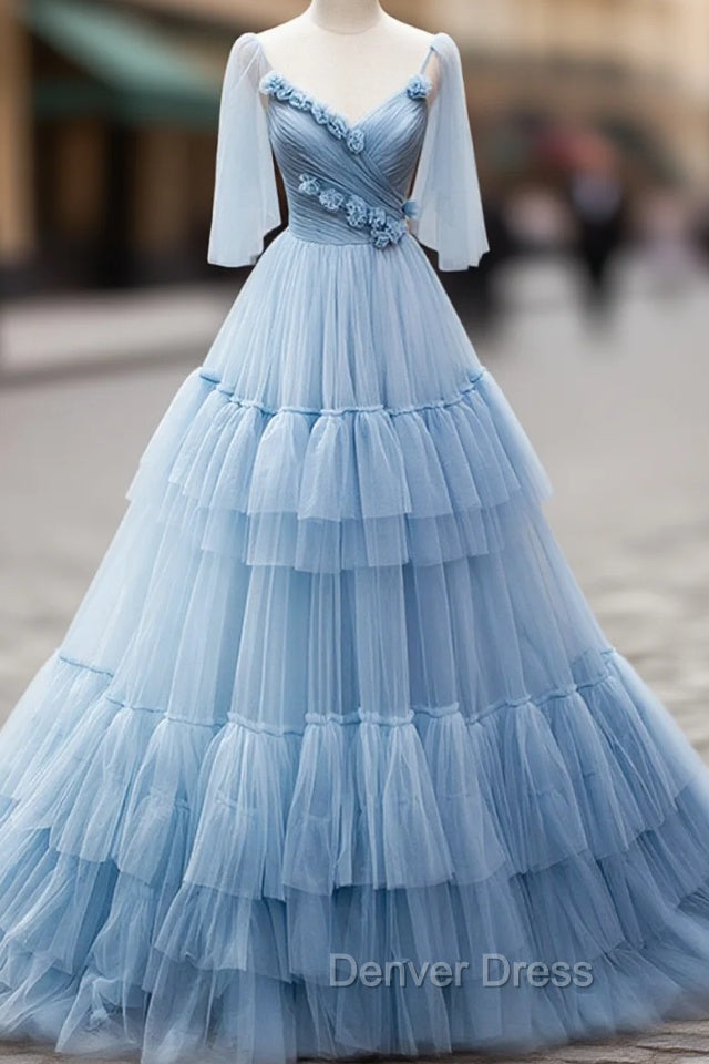 Blue V-Neck Tulle Long Prom Dresses, A-Line Evening Party Dresses