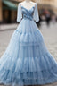 Blue V-Neck Tulle Long Prom Dresses, A-Line Evening Party Dresses