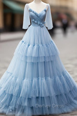Blue V-Neck Tulle Long Prom Dresses, A-Line Evening Party Dresses