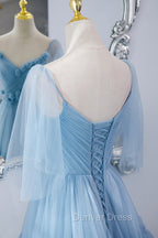 Blue V-Neck Tulle Long Prom Dresses, A-Line Evening Party Dresses