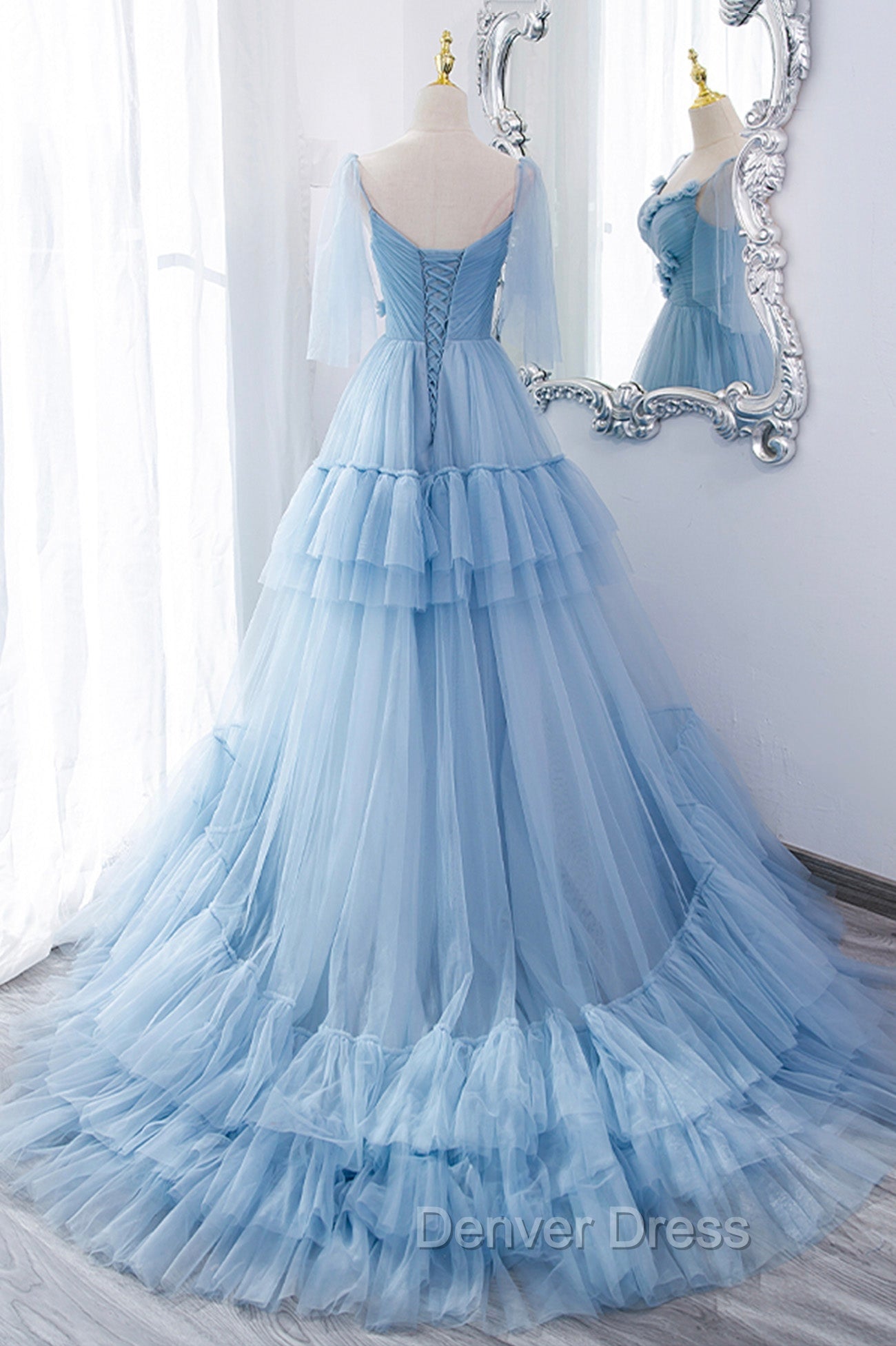 Blue V Neck Tulle Long Prom Dress, A Line Prom Dresses